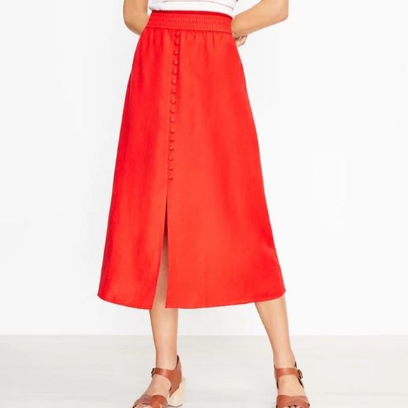 LOFT Dresses & Skirts - NEW LOFT Red High Rise Elastic Waist Button Front Midi Linen Blend Skirt Sz M
